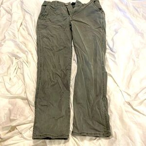 Army green straight leg jeans. Lightly worn. No holes, tears, or stains.